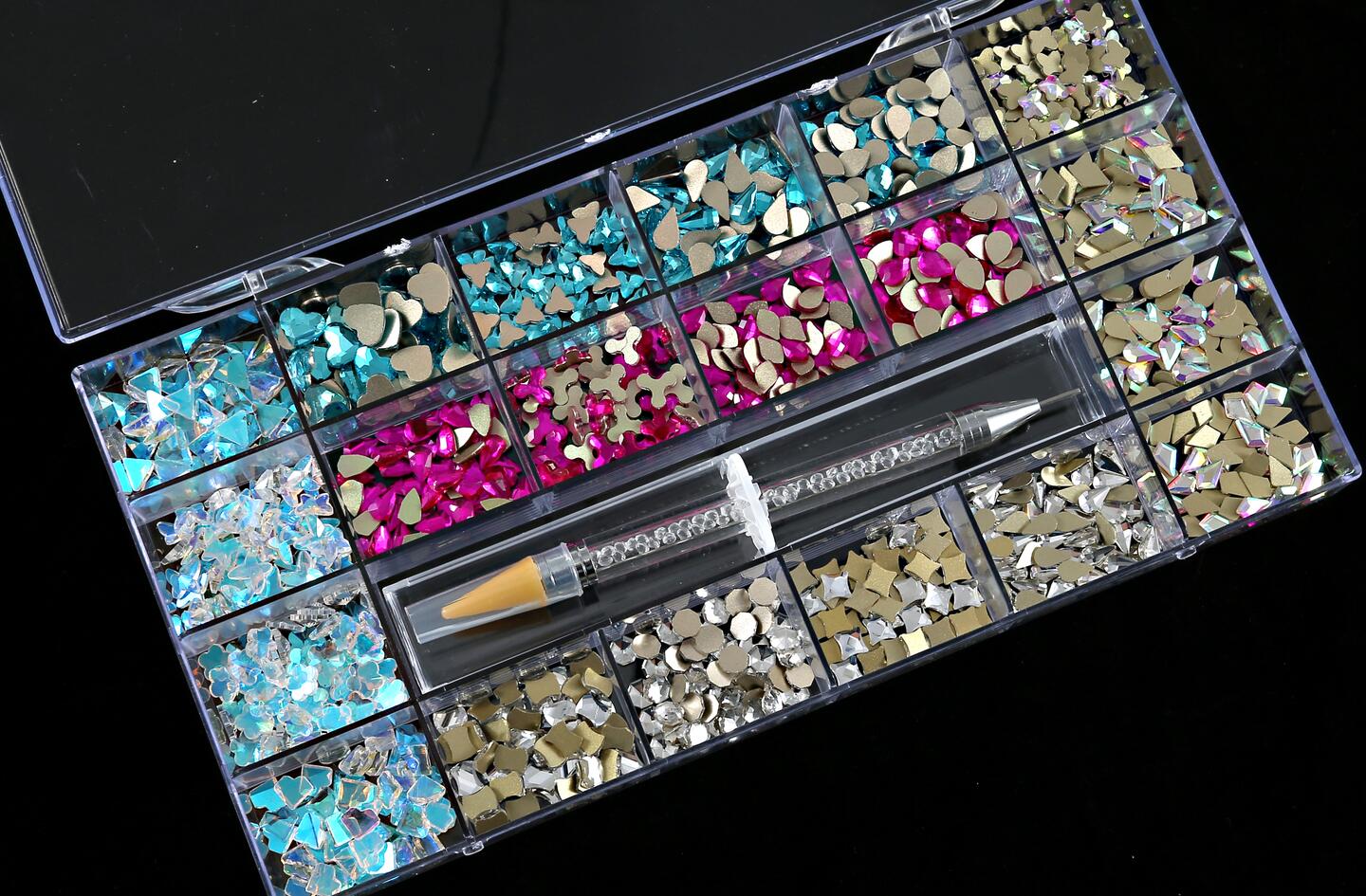 2000PC (20*100) Crystal AB Rhinestone In Grids 20Shape Flat- Back Nail Art Rhinestone With 1 Pick Up Pen In Clear Big Box