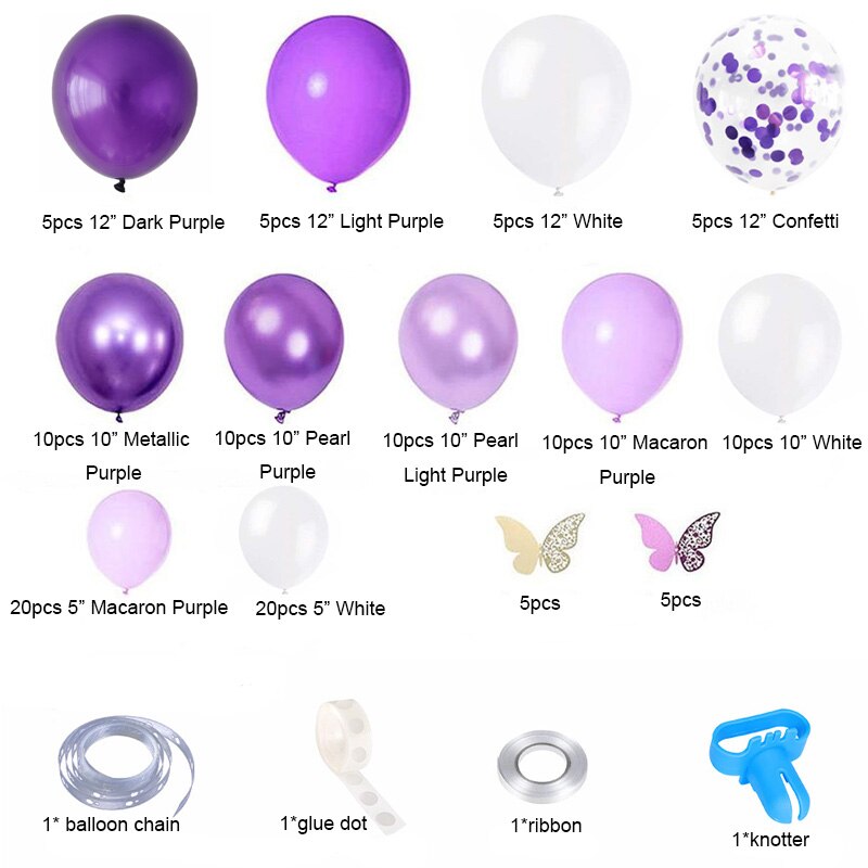 124pcs Metal Purple White Balloons Garland Arch Kit Purple Confetti Balloon with Butterfly for Birthday Wedding Party Decoration