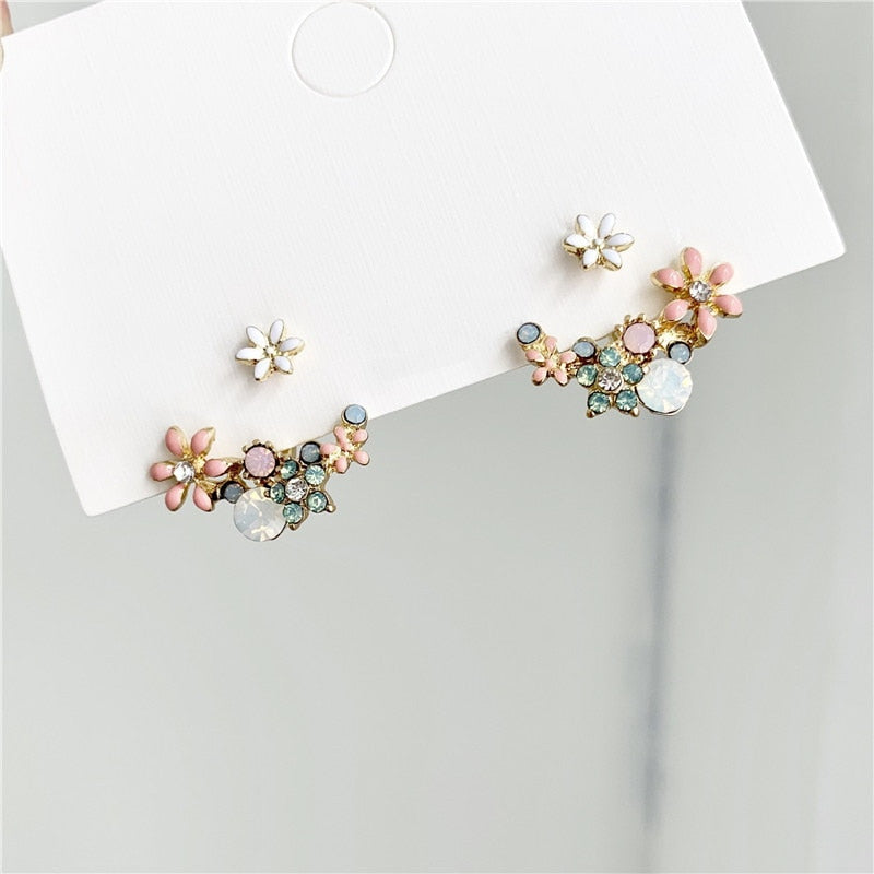 Korean Fashion Classic Round Wreath Pink Green Crystal Flower Stud Earrings Sweet Daisy Flower Ear Jewelry Brinco Gift for Women