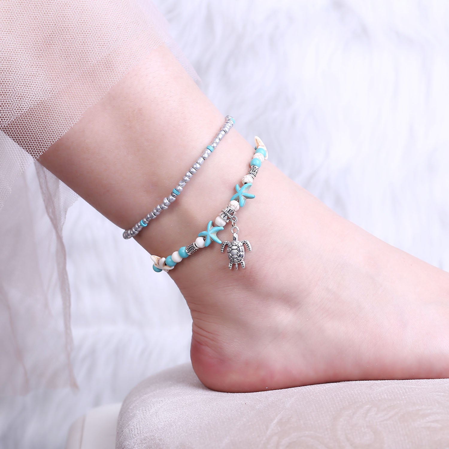 Bohemian Colorful Eye Beads Anklets For Women Shell Turtle Daisy Heart Summer Ocean Beach Ankle Bracelet Foot Leg Chain Jewelry