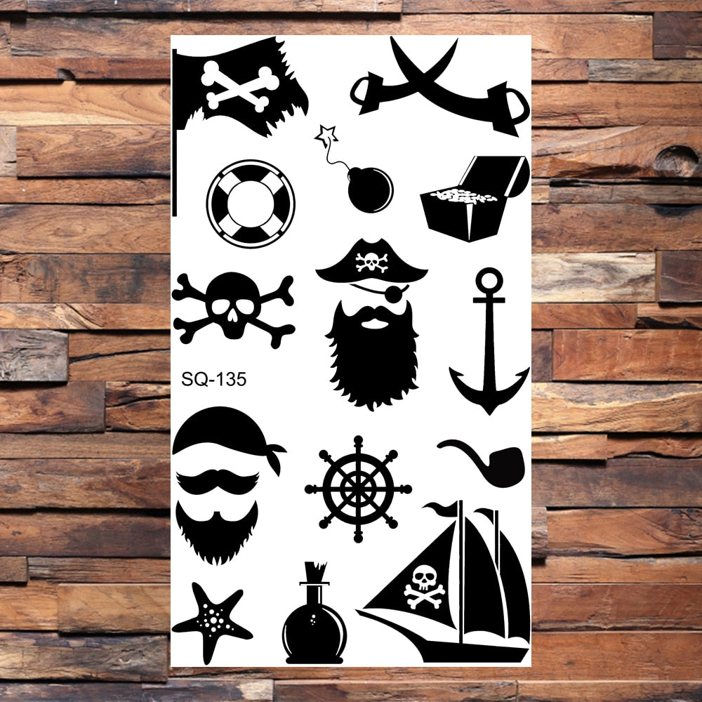 Skull Anchor Halloween Temporary Tattoos For Adults Children Realistic Pirate Panda Compass Fake Tattoo Sticker Body Neck Tatoos