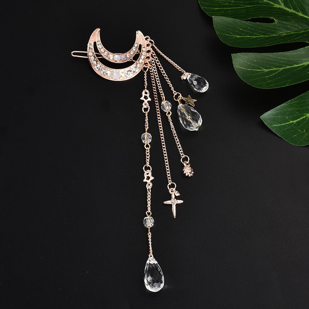 Fashion Elegant Women Hair Bands Lady Moon Rhinestone Crystal Tassel Long Chain Beads Dangle Hairpin Hair Clip Hair Jewelry