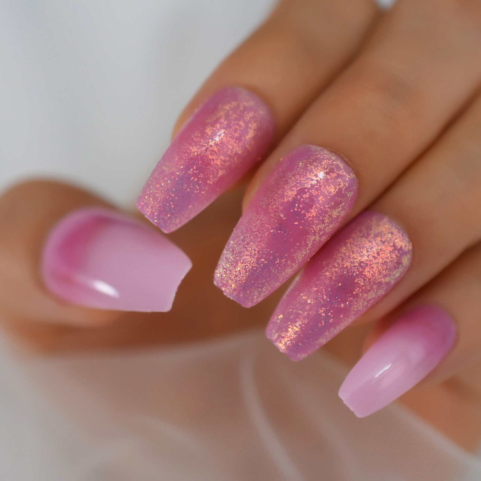 Shiny Glitter French Press on False Nails V Line Pink White Long Ballerina Coffin Full Cover Fake Fingersnails Extention Tool