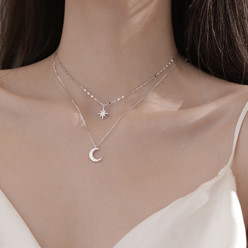 Double Layer Simple Stars Choker Shiny Zircon Moon Pendants Necklaces Girl Gift Fine Jewelry NK092