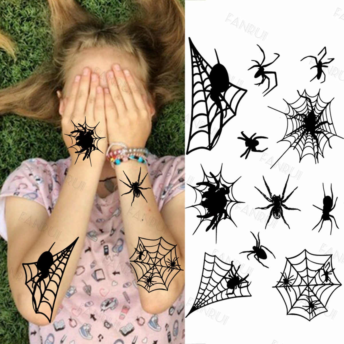 Black Halloween Spider Temporary Tattoos For Kids Children Realistic Fake Bat Scarecrow Skull Tatoos DIY Small Tattoo Stickers