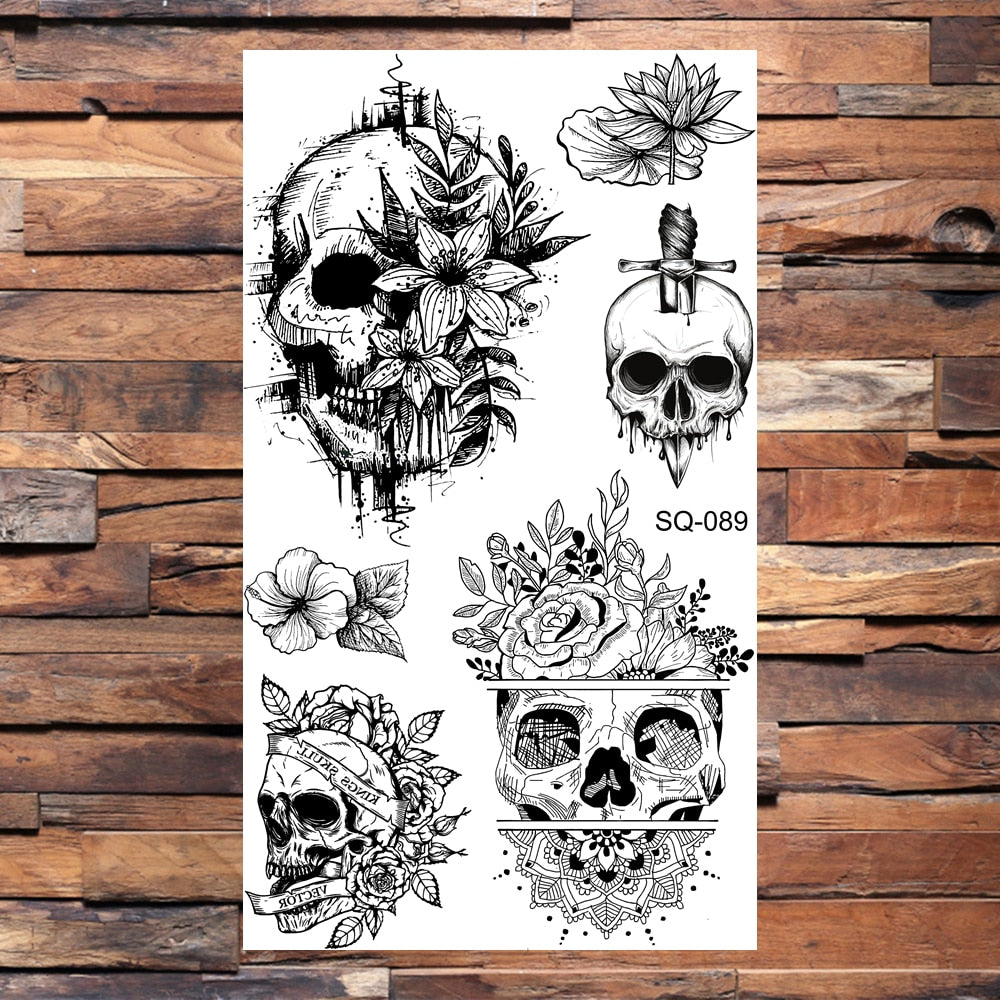 Snake Halloween Skull Temporary Tattoos For Adults Men Realistic Thorns Totem Wolf Lion Fake Tattoo Sticker Leg Arm Tatoos DIY