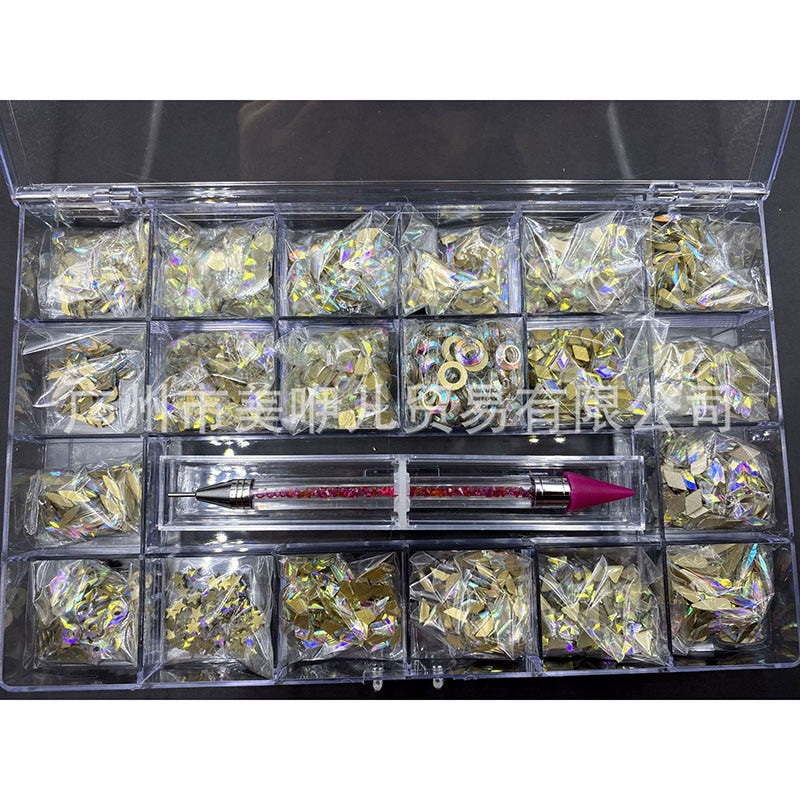 2000PC (20*100) Crystal AB Rhinestone In Grids 20Shape Flat- Back Nail Art Rhinestone With 1 Pick Up Pen In Clear Big Box