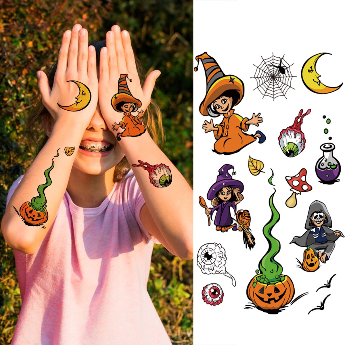 Halloween Skull Flower Temporary Tattoos For Kids Men Women Spider Wizard Clown Fake Tattoo Stickers Unique skeleton Tatoos