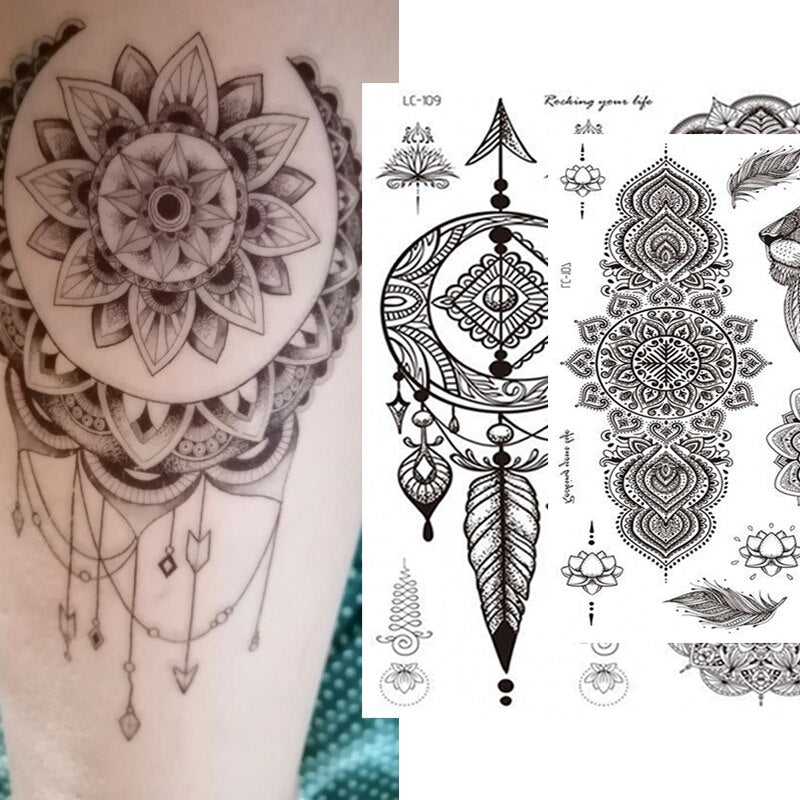 Mandala Flower Tattoo Sticker Black Retro Temporary Waterproof Lasting Hand Back Pattern Body Arm Legs Clavicle Tattoo Sticker