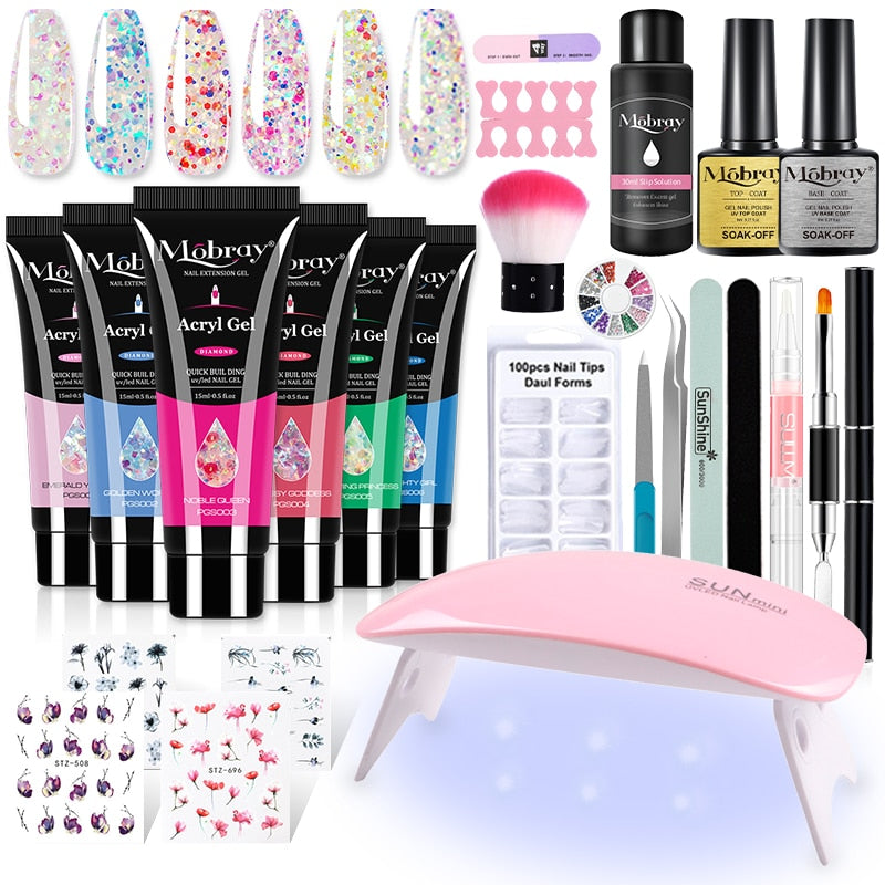 Mobray Poly Nail Gel Kit Nail Set With Nail Drying Lamp Base Top Coat Extension Gel Nail Kit Nail Tools Manicure Set