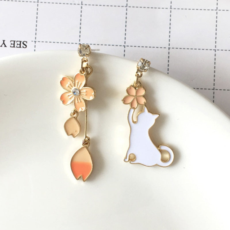 Korean Asymmetrical Cute Animal Cat Dangle Earrings Women Enamel Flower Rabbit Fan Star Moon Balloon Earrings Party Jewelry Gift