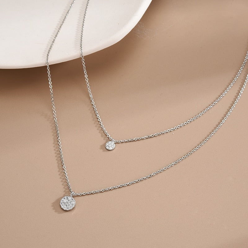 Double Layer Choker Shiny Full Zircon Round Pendants Necklace Gift For Women Wedding Fine Jewelry NK097