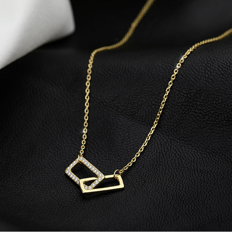 Sterling  Shiny Double Rectangle Choker Zircon CZ Zirconia Necklaces Pendants Gift For Women Wedding Gift NK064 Jewelry