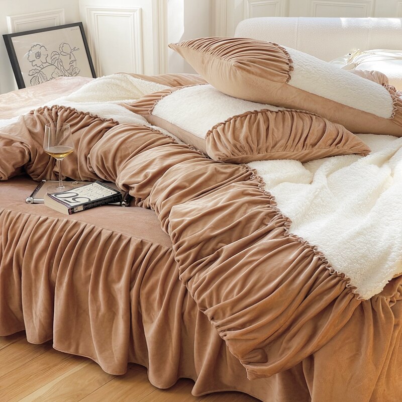 Winter Soft Berber Fleece+Velvet Fleece Princess Bed Skirt Bedding Set Short Plush Ruffle Quilt/Duvet Cover Bed Linen Pillowcase