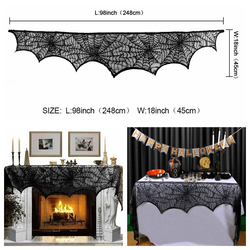 OurWarm Halloween Decorative Fireplace Coat Red Mantle Black Spider Web Tablecloth Hanging Halloween Party Ghost Home Supplies