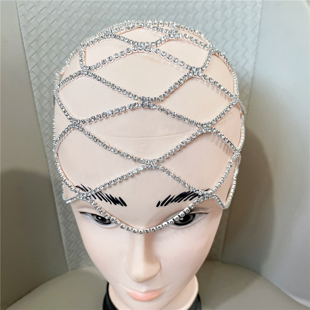 2021 Hollow Rhinestone Mesh Headpiece Wedding Head Chain Jewelry for Women Luxury Crystal Headband Head Cap Hat Hair Accessories