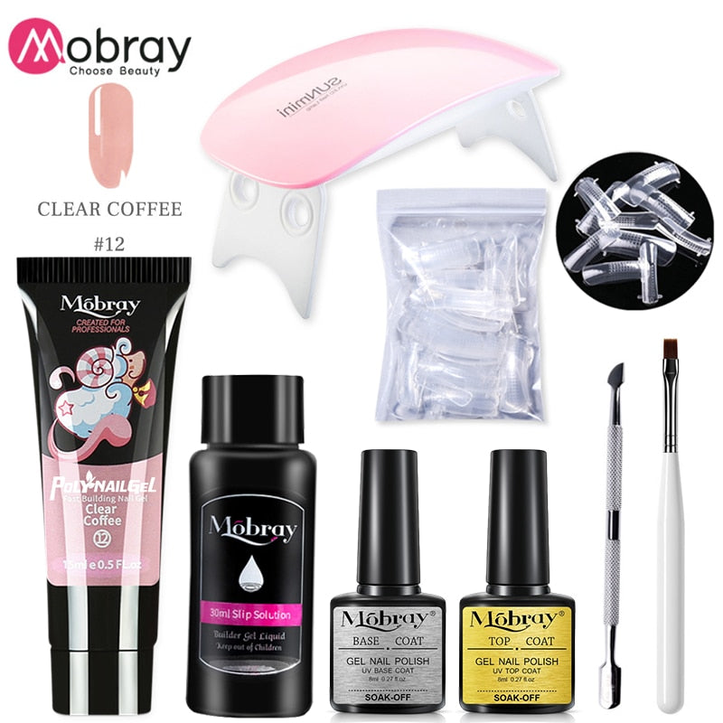 Mobray Poly Nail Gel Kit Nail Set With Nail Drying Lamp Base Top Coat Extension Gel Nail Kit Nail Tools Manicure Set