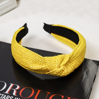 Straw Wide Sponge Plaid Knot Cross Hair Scarf Band Hairband for Women Girl Korea Headbands Fashion Accessorie