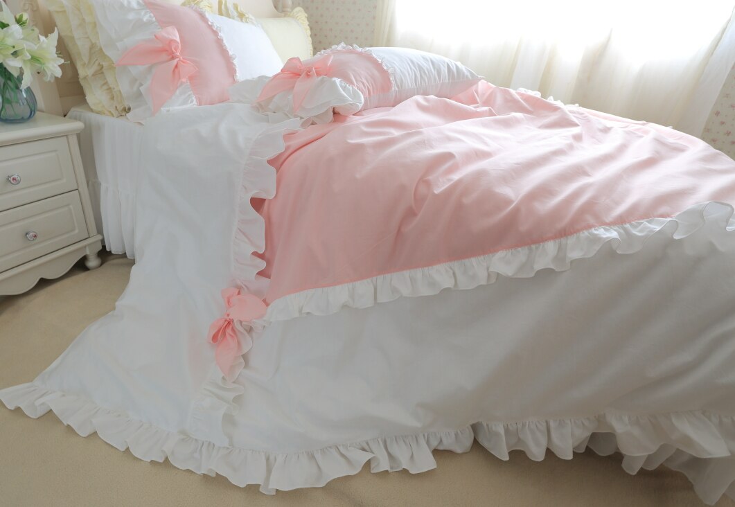 New luxury layers bedding set sweet princess bow ruffle duvet cover wedding bedding pink bed sheet girl baby bed skirt cover