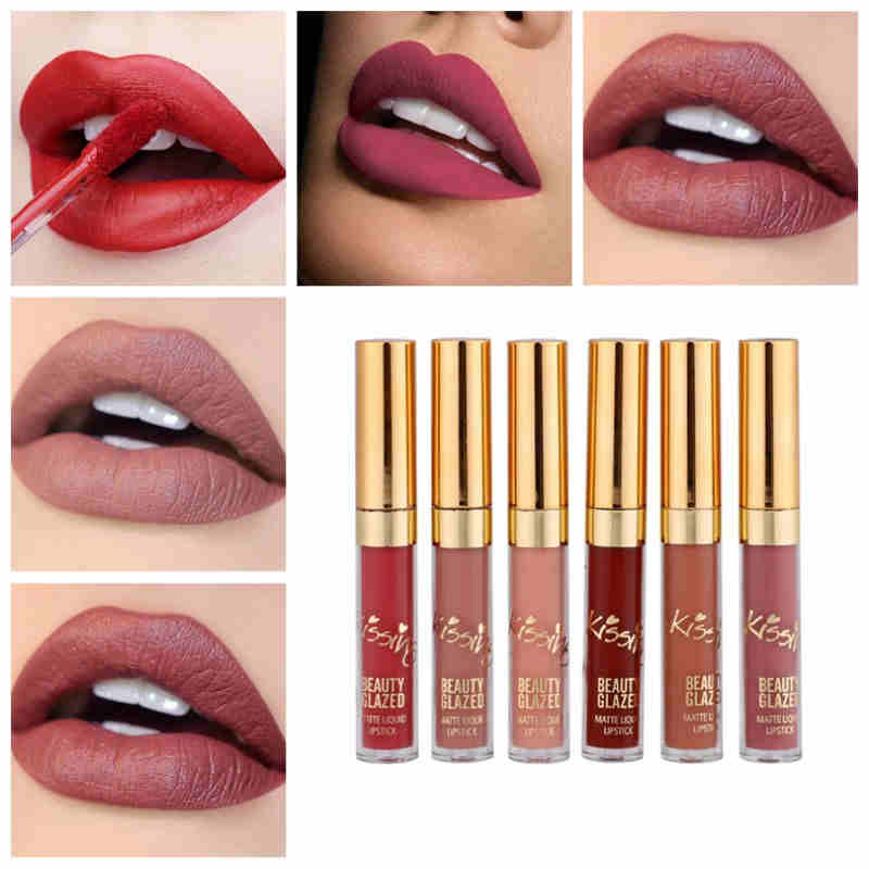 BEAUTY GLAZED 6pcs/Set Professional Liquid Lipstick Lip Gloss Makeup Matte Lipstick Lip Kit Long Lasting Cosmetics Waterproof