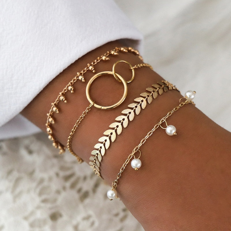 Bohemian Gold Color Tassel Bracelets for Women Jewelry Geometric Leaf Beads Flower Star Shell Layered Hand Chain Bracelet Set