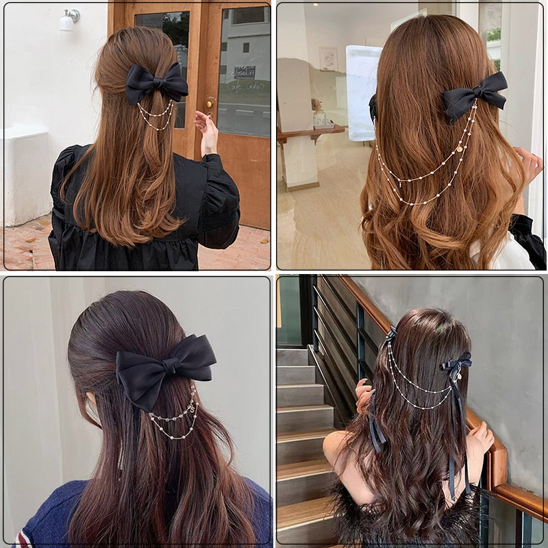 AWAYTR New Bow Pearls Chain Barrettes Hairpins For Women Rhinestone Spring Hair Clips Ribbon Headband Ponytail Hair Accessories