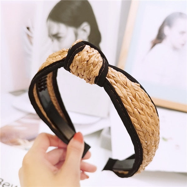 Straw Wide Sponge Plaid Knot Cross Hair Scarf Band Hairband for Women Girl Korea Headbands Fashion Accessorie