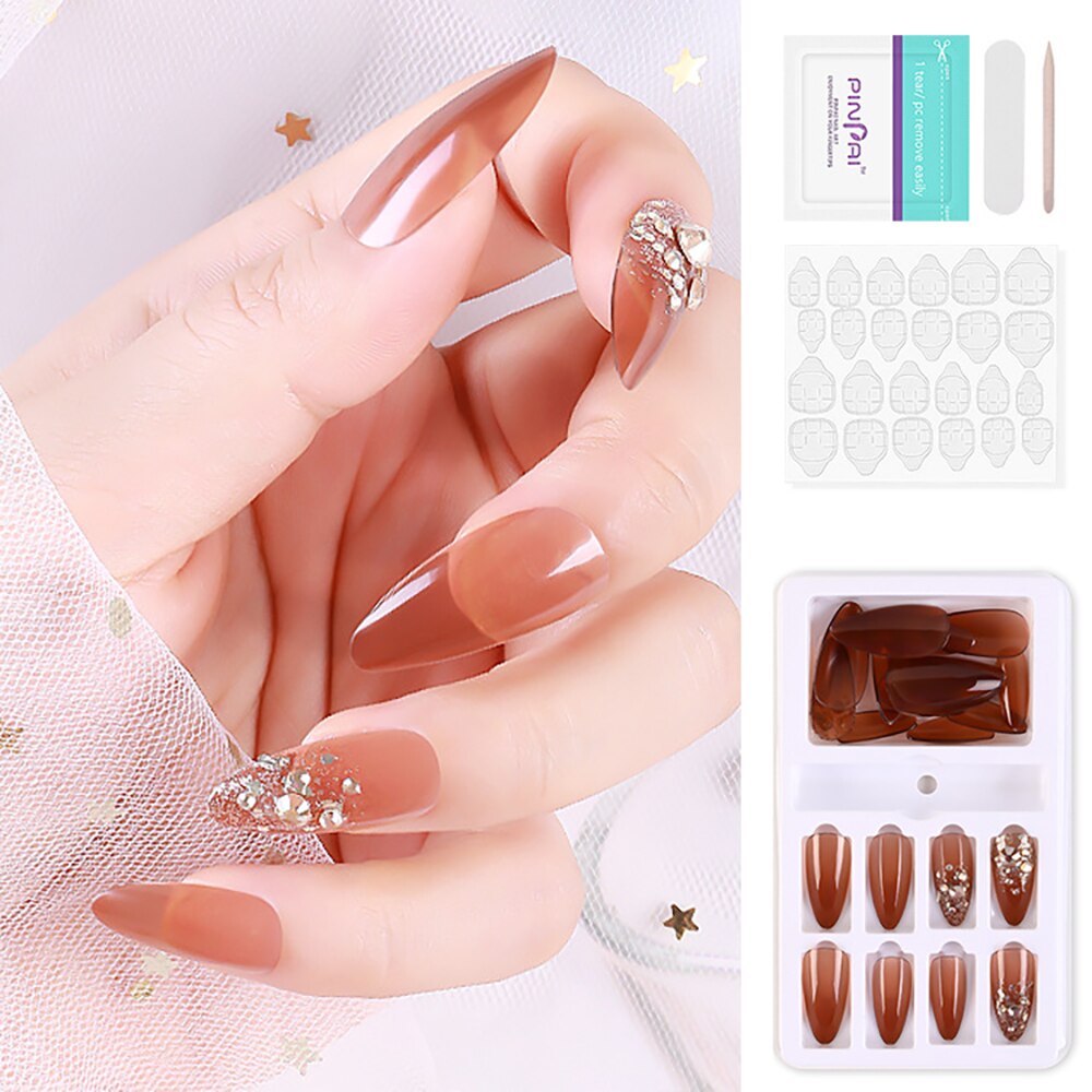 24 Pcs/Box False Nail Glitter Mirror Aurora Full Cover Nail Tips Coffin Fake Nails Gradient Nail DIY Decoration