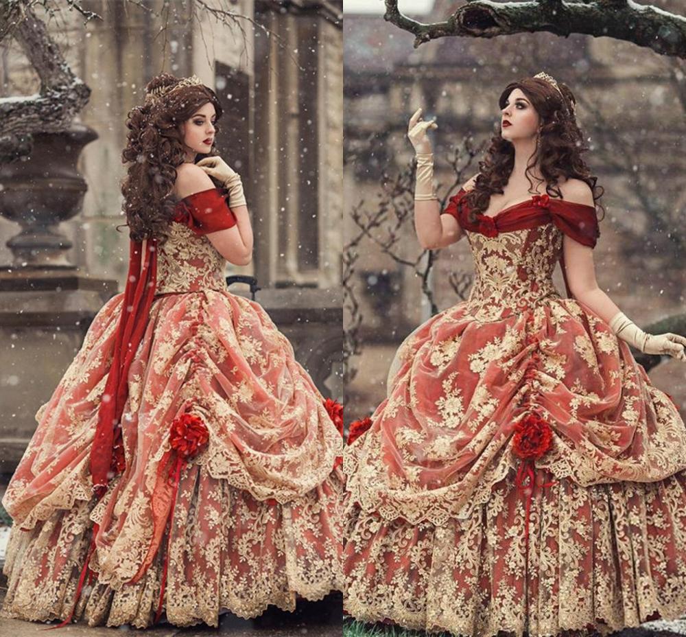 Gothic Prom Dresses Vintage red gold Medieval Ball Gown Victorian Nightdress Halloween Costume Medival Renaissance Evening dress