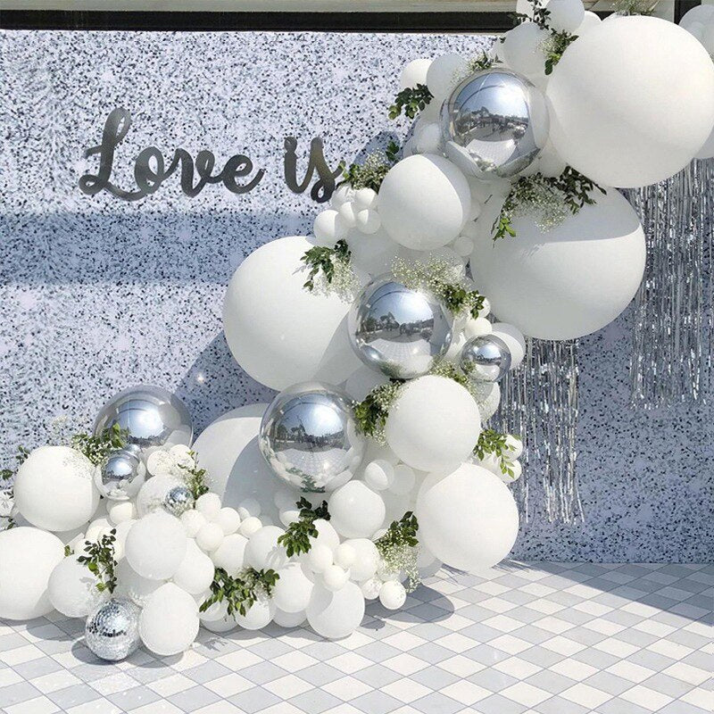 125pcs White Balloon Arch Kit Chrome Silver Balloons Garland for Baby Shower Decor Birthday Wedding Party Favor Decoration
