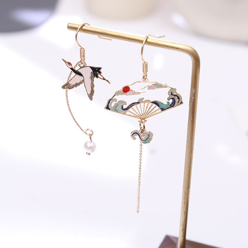 Korean Asymmetrical Cute Animal Cat Dangle Earrings Women Enamel Flower Rabbit Fan Star Moon Balloon Earrings Party Jewelry Gift