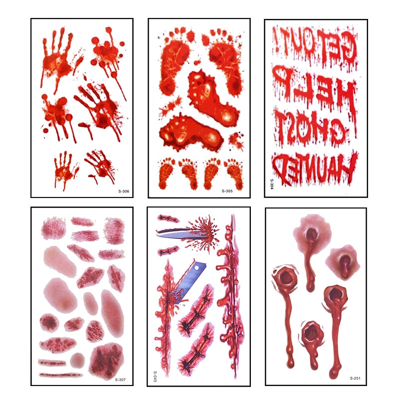6pcs Halloween Bloody Wound Tattoo Stickers Trick Scary Waterproof Temporary Tattoo DIY Fake Tattoo Halloween Party Decoration