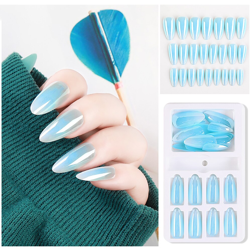 24 Pcs/Box False Nail Glitter Mirror Aurora Full Cover Nail Tips Coffin Fake Nails Gradient Nail DIY Decoration