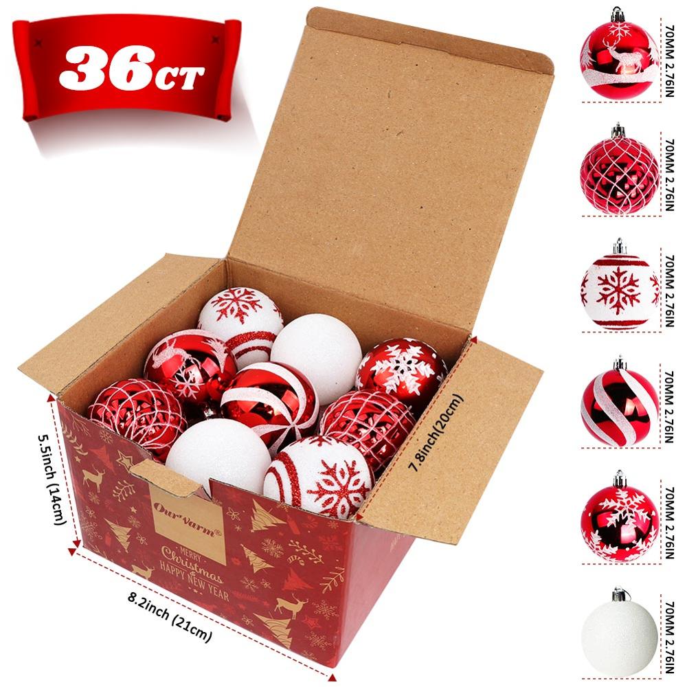 OurWarm 36pcs 70mm Christmas Ball Ornaments Tree Decorations Red and white 6 Styles new year Home Party Holiday Decor