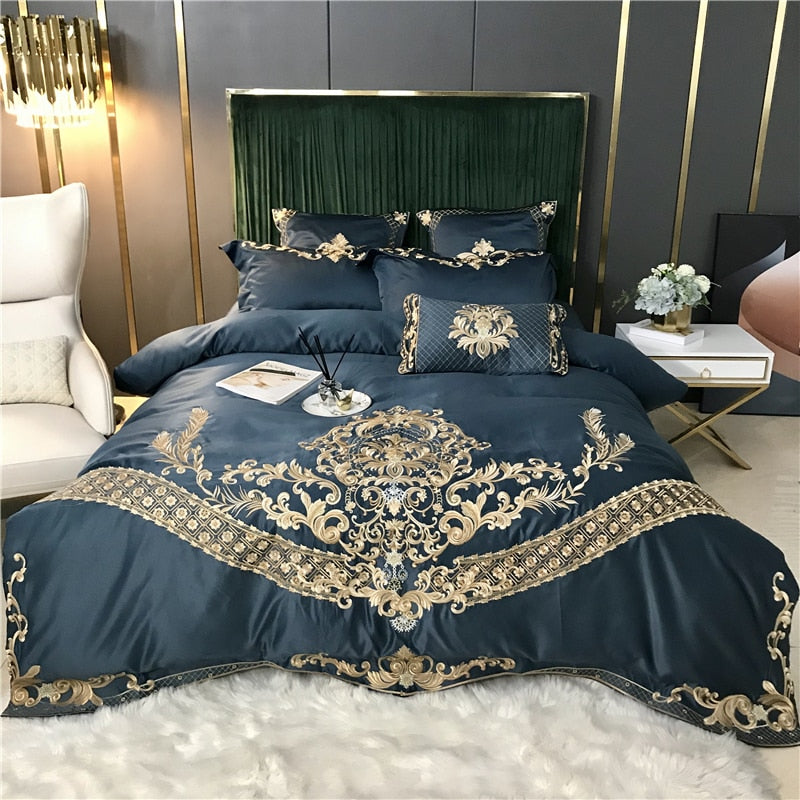 White Luxury European Royal Gold Embroidery 60S Satin And Cotton Bedding Set Duvet Cover Bed Sheet Or Fitted Sheet Pillowcases