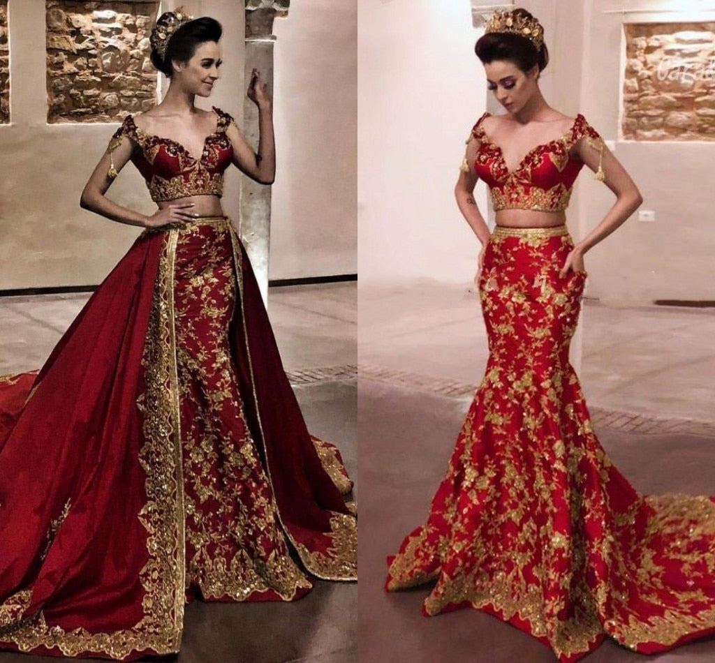 Lace Applique Indian Mermaid Wedding Dresses Remove Train Two Pieces Gold Lace Burgundy Arabic Bridal Gown Robe de soir¨¦e