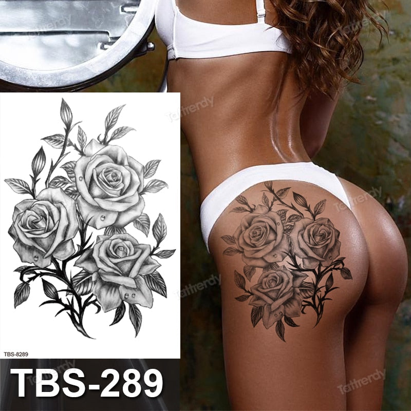 sketch flowers black temporary tattoo stickers waterproof thigh arm body tattoo sleeve anime snake fox lion dark designs women