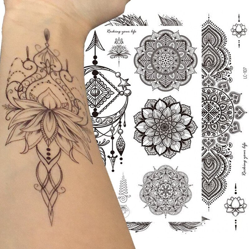 Mandala Flower Tattoo Sticker Black Retro Temporary Waterproof Lasting Hand Back Pattern Body Arm Legs Clavicle Tattoo Sticker