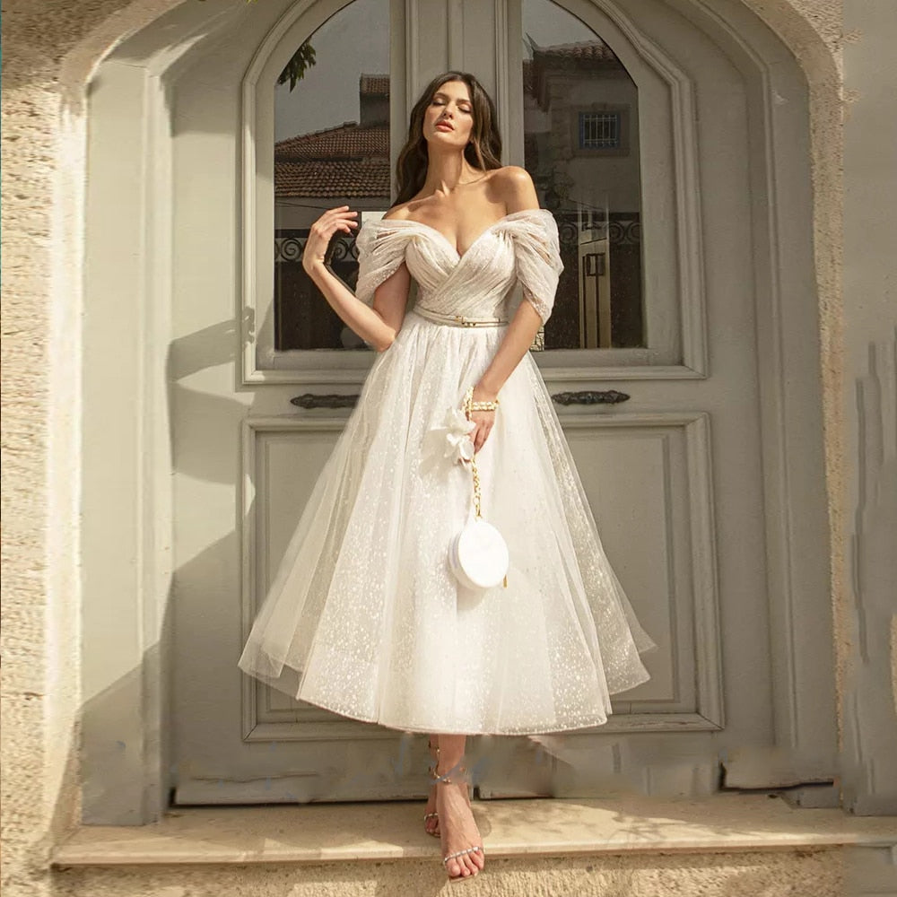 Oklulu  Bling Glittter Boho Wedding Dresses  For Women 2022 Sweetheaart  Tulle Point Net Tulle  Beach Short  Bridal Gown Cheap Civil
