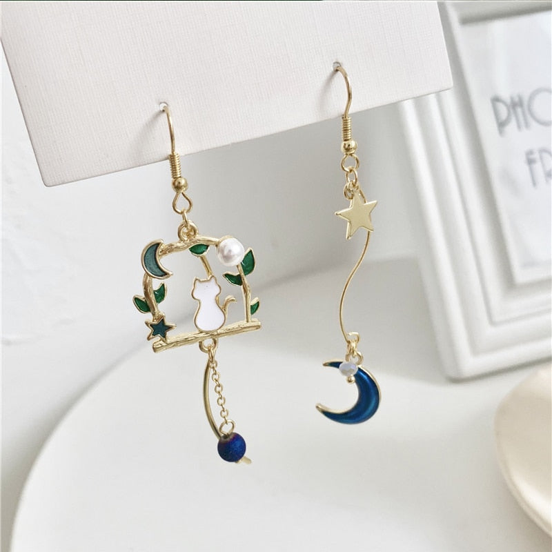 Korean Asymmetrical Cute Animal Cat Dangle Earrings Women Enamel Flower Rabbit Fan Star Moon Balloon Earrings Party Jewelry Gift