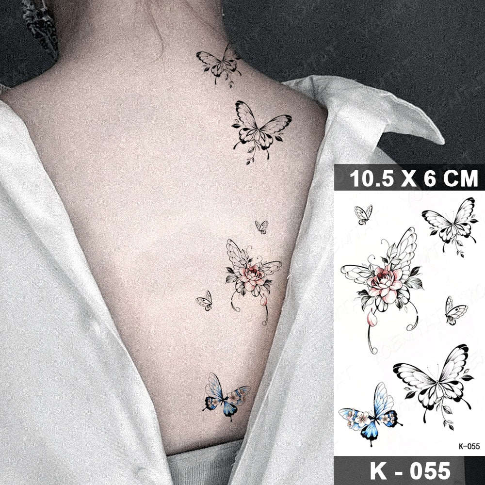 Waterproof Temporary Tattoo Stickers Butterfly Snake Rose Flower Gun Dark Flash Tatto Women Body Art Wrist Neck Fake Tattoos Men