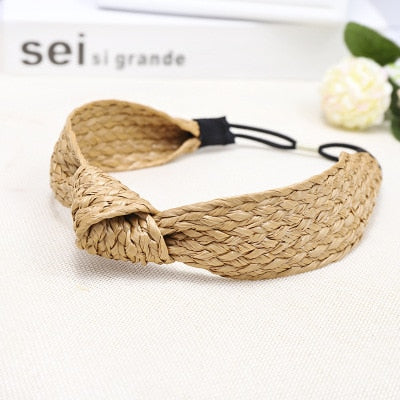 Straw Wide Sponge Plaid Knot Cross Hair Scarf Band Hairband for Women Girl Korea Headbands Fashion Accessorie