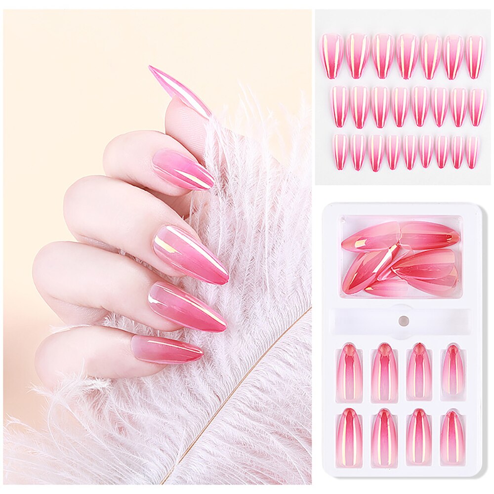 24 Pcs/Box False Nail Glitter Mirror Aurora Full Cover Nail Tips Coffin Fake Nails Gradient Nail DIY Decoration