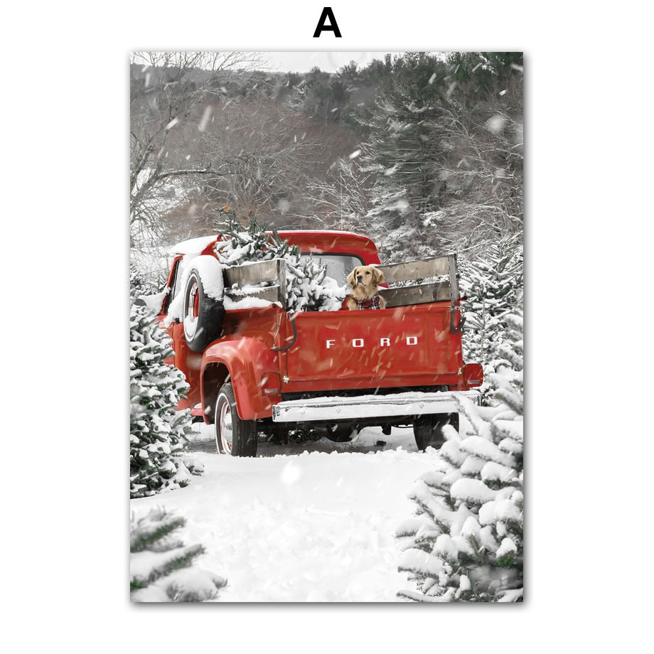 Christmas Red Car Girft Box Deer Snowflake Wall Art Canvas Painting Nordic Posters And Prints Wall Pictures For Living Room Home