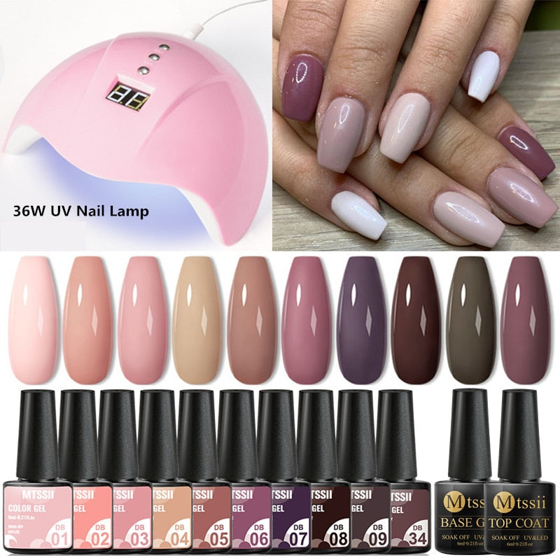 10Pcs Nude Gel Nail Polish Set With UV Lamp Nail Dryer Semi Permanent Hybrid Varnish Base Top Coat Soak Off UV LED Nail Art Kits