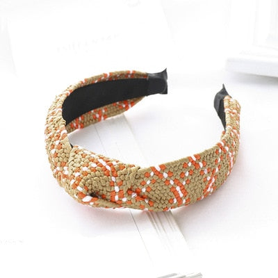 Straw Wide Sponge Plaid Knot Cross Hair Scarf Band Hairband for Women Girl Korea Headbands Fashion Accessorie