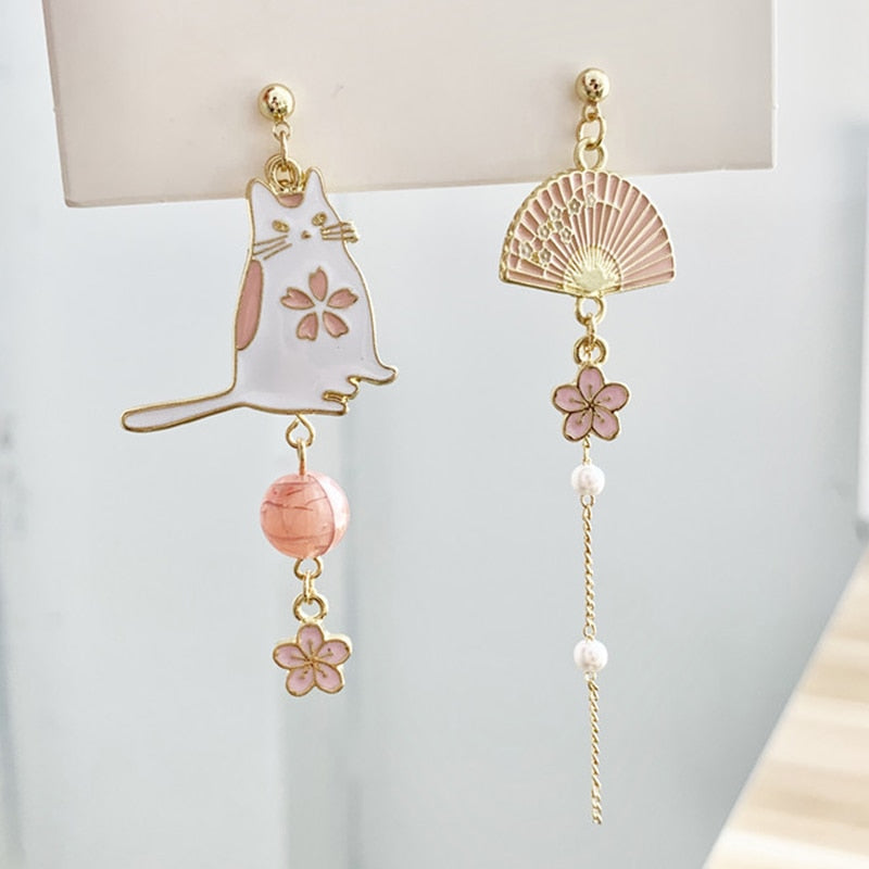 Korean Asymmetrical Cute Animal Cat Dangle Earrings Women Enamel Flower Rabbit Fan Star Moon Balloon Earrings Party Jewelry Gift