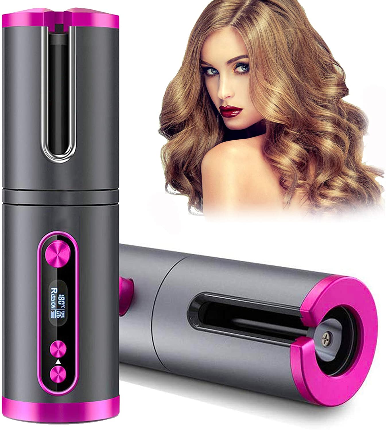 Cordless Hair Curler,Automatic Curling Iron,Auto Hair Curlers with LED Display Adjustable Temperature & Time,Portable Rechargeab