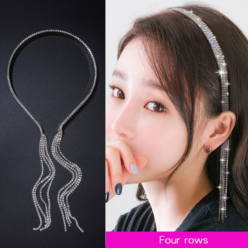 Bling Bling Rhinestone Hairbands for Women Long Tassel Bow Bands Korean Designer Headband Wedding Hair Band Accessories Gifts