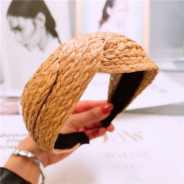 Straw Wide Sponge Plaid Knot Cross Hair Scarf Band Hairband for Women Girl Korea Headbands Fashion Accessorie